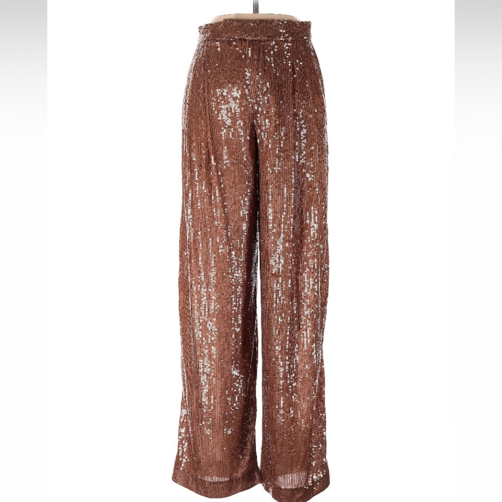 ZARA Copper Brown Sequin Pleated Wide Leg Pants - Picture 13 of 15